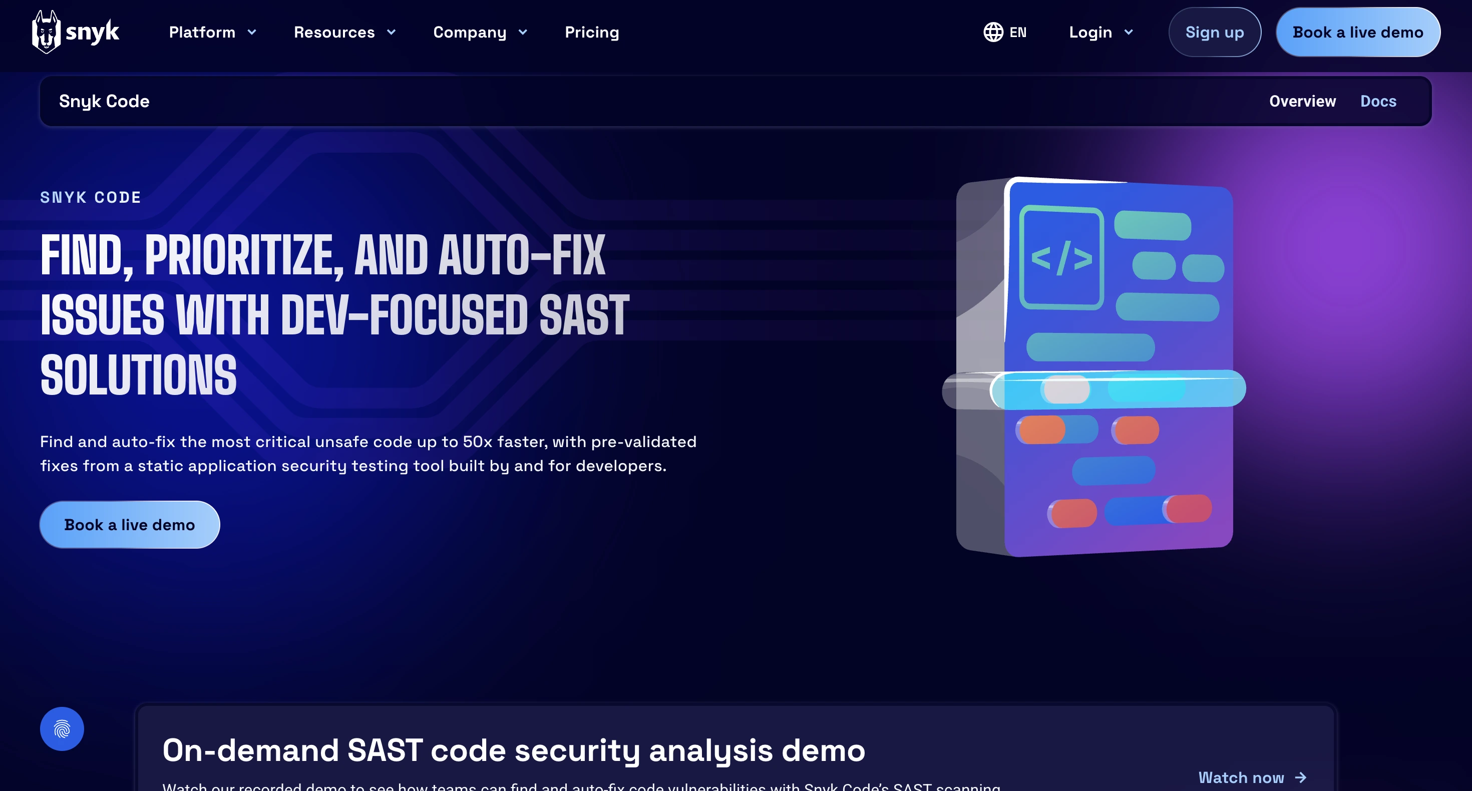 Synk Code - parte de la plataforma de seguridad orientada al desarrollador de Snyk