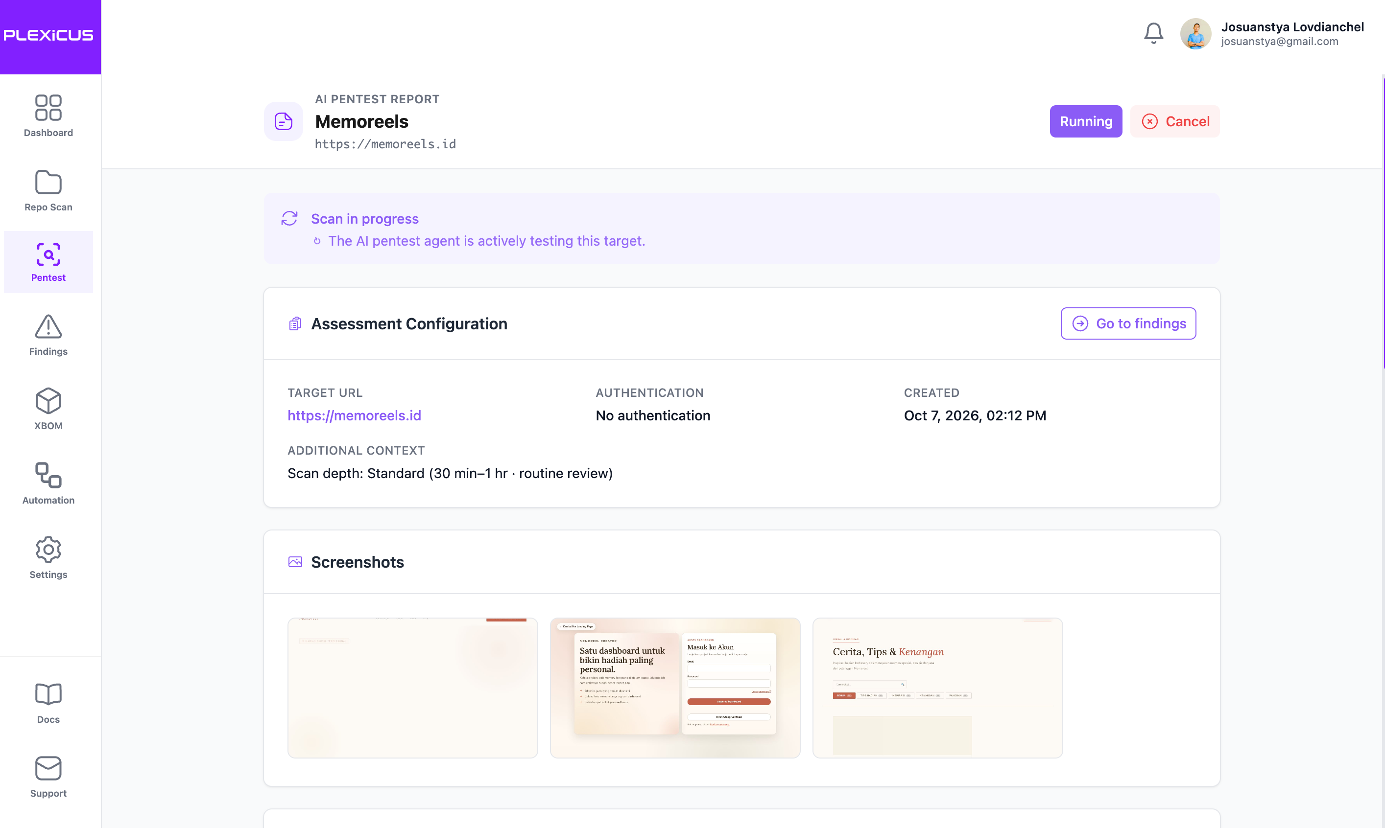 Plexicus AI Swarm Pentest assessment overview showing configuration and captured target screenshots