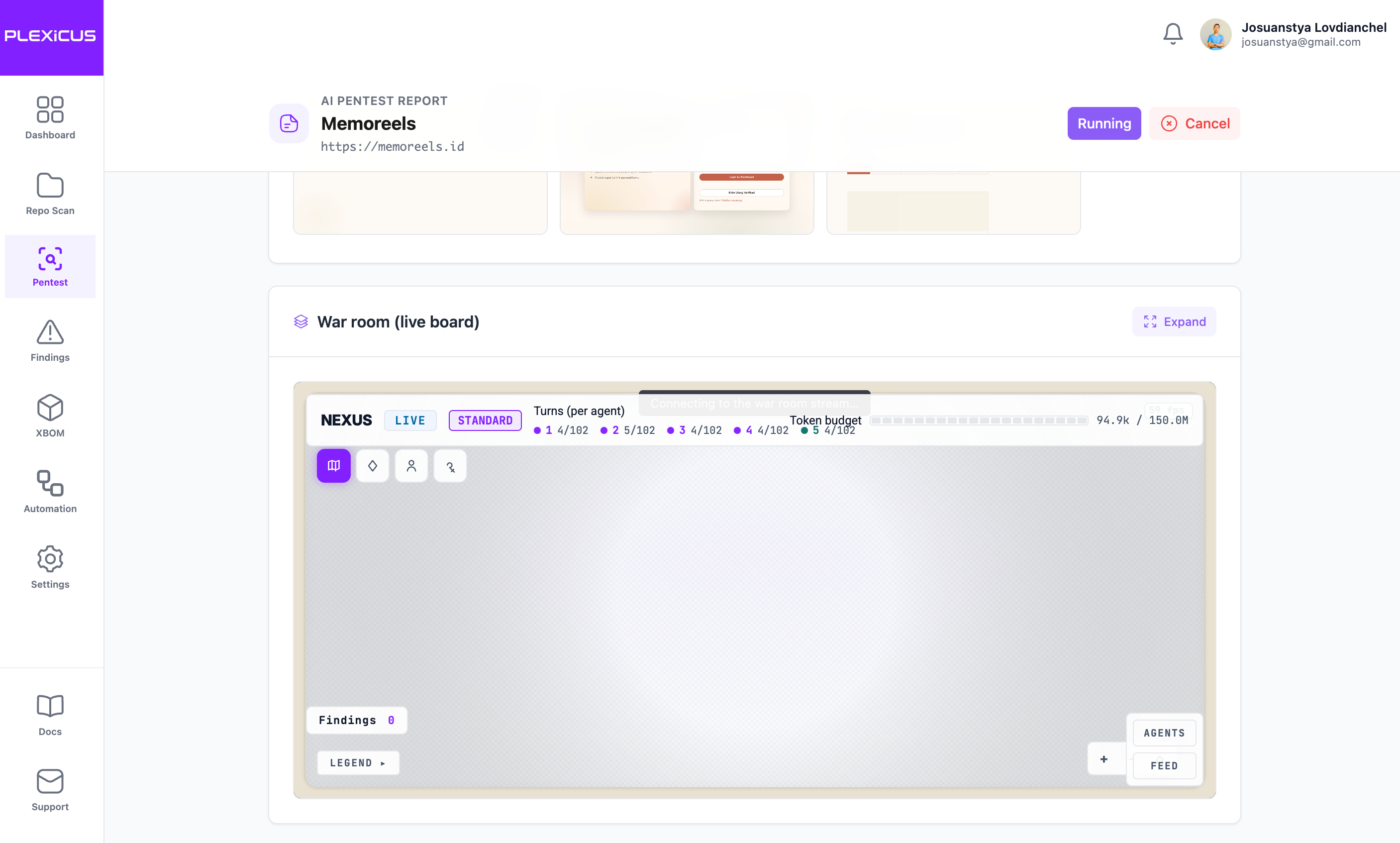 Plexicus AI Swarm Pentest embedded War room live board connecting to the stream