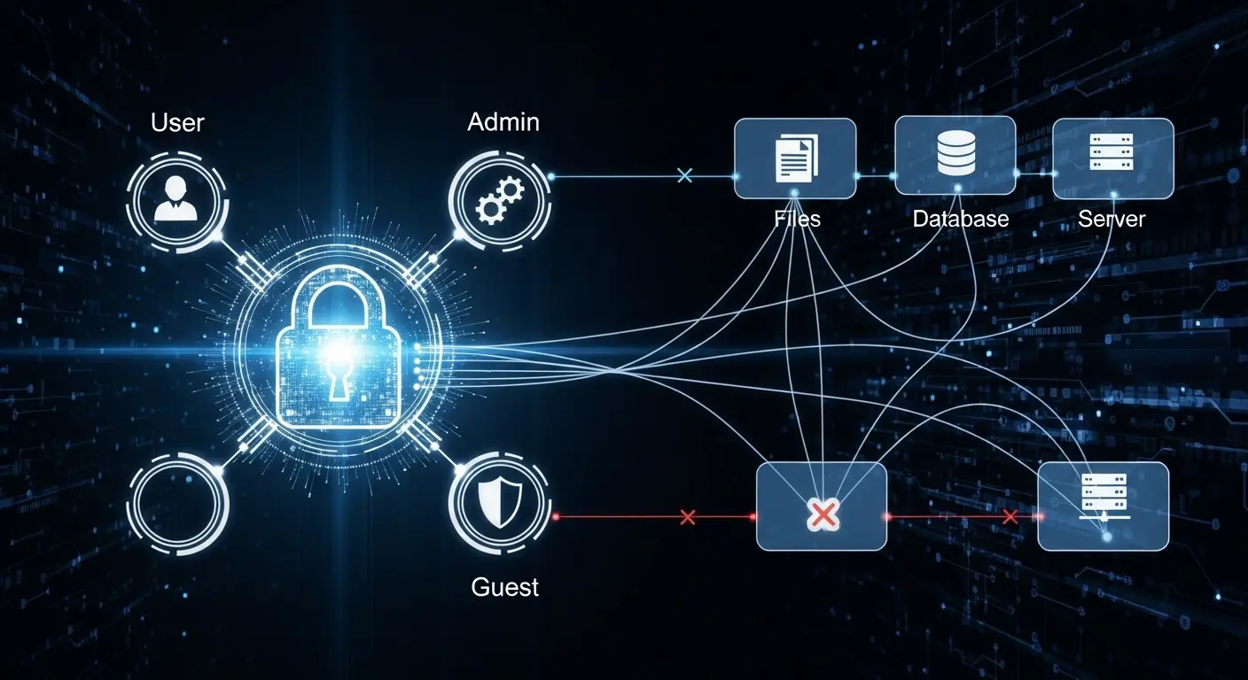 RBAC access control illustration showing user, admin, and guest roles with different permissions to files, databases, and servers.