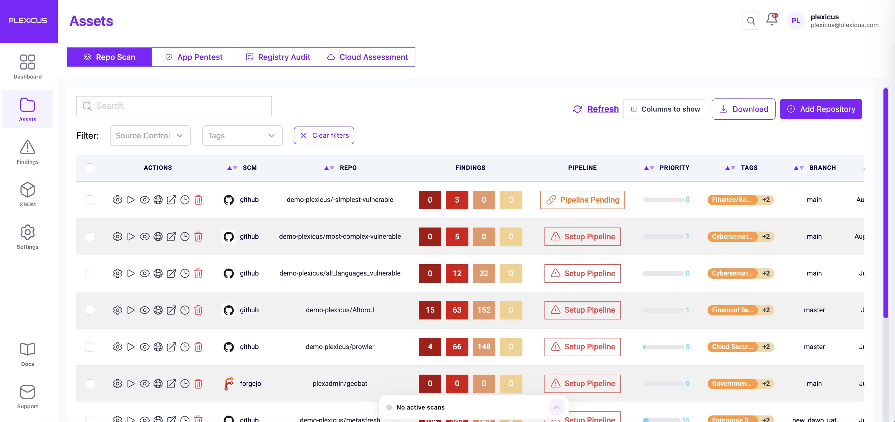 Plexicus product view showing security context and reviewed evidence